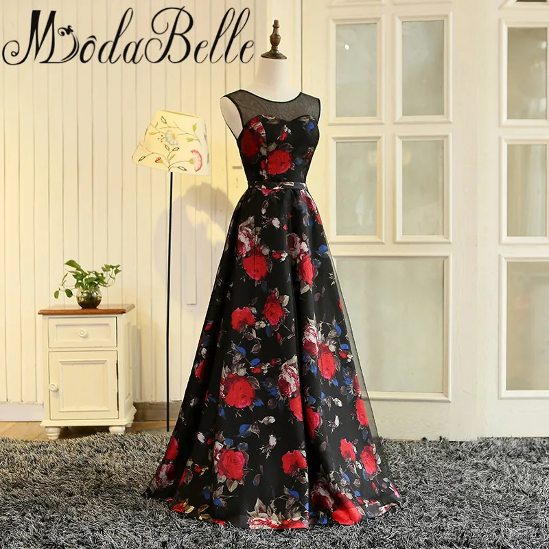 Modabelle Vestidos De Graduacion Largos 2017 платье для выпускного вечера Длинные Цветочный принт черный Выпускные платья Линия Цветы дешевые вечерние платья