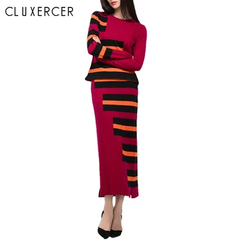 

2 Piece Set Women Dress 2018 Autumn Winter Knitted Long Sleeve Top Sweater and High Waist Skirt Women Suits Set 2 Pieces Clothes