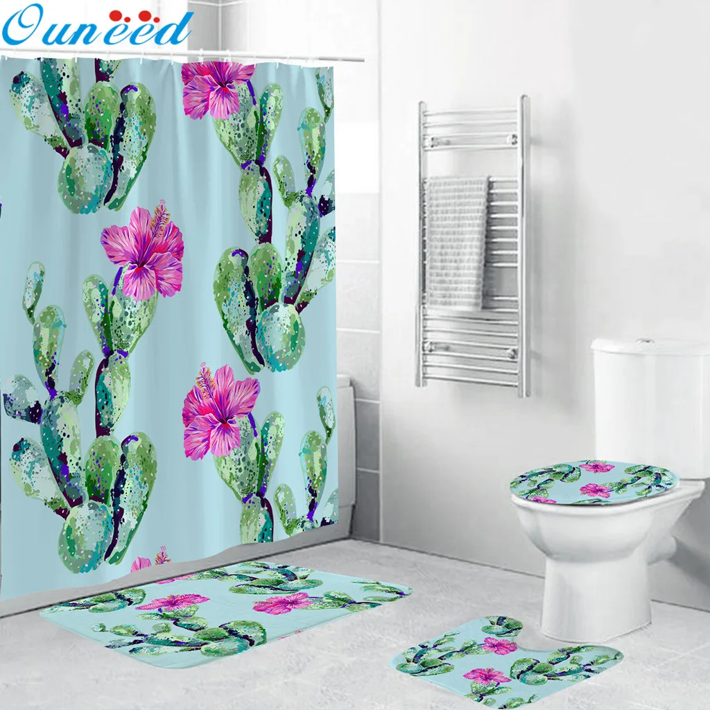 

Ouneed flowers print Shower Curtains set 4PCS Non Slip Idyllic landscape Toilet Polyester Cover Mat Set Bathroom Shower Curtains