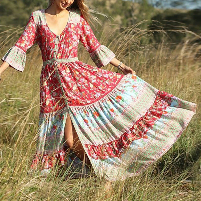 Женское платье, летнее, модное, плиссированное, Boho, вечерние, большие размеры, цветочные кнопки с рисунками, макси, v-образный вырез, ретро