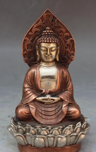 

bir 003784 6" Chinese Tibetan Buddhism Bronze Silver Gilt Shakyamuni Amitabha Buddha Statue