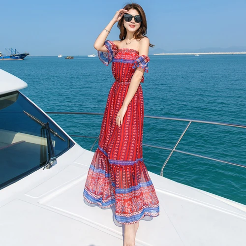 Stinlicher Boho Style Long Dress Women Off Shoulder Beach Summer Dresses Vintage Print Chiffon Elastic Waist Maxi Vestidos | Женская
