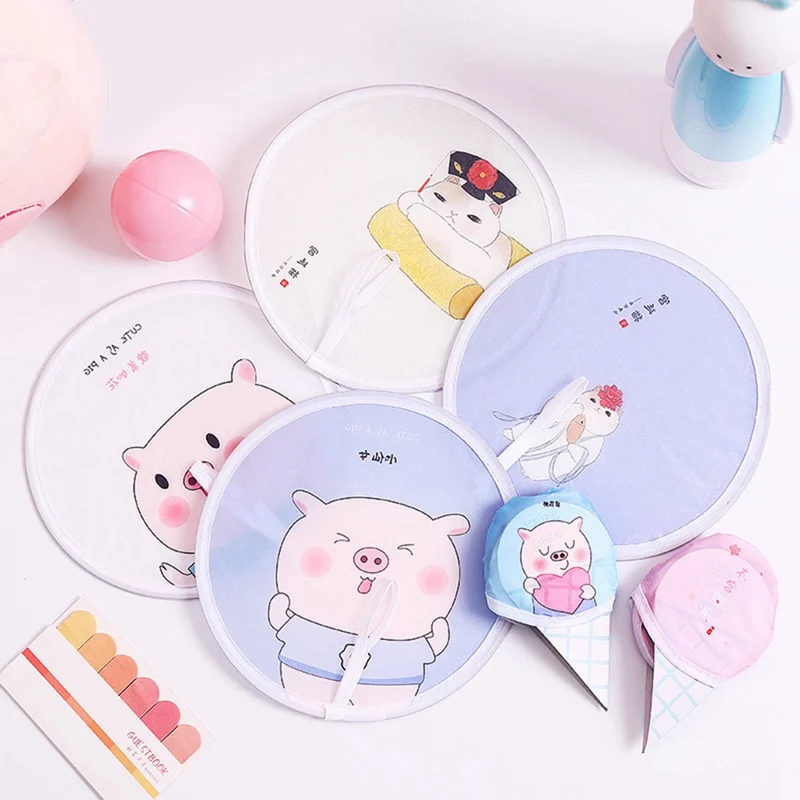 

High Quality Polyester Cartoon Mini Round Disc Portable Fan Folding Pocket Wallet Flyer Handheld Fan