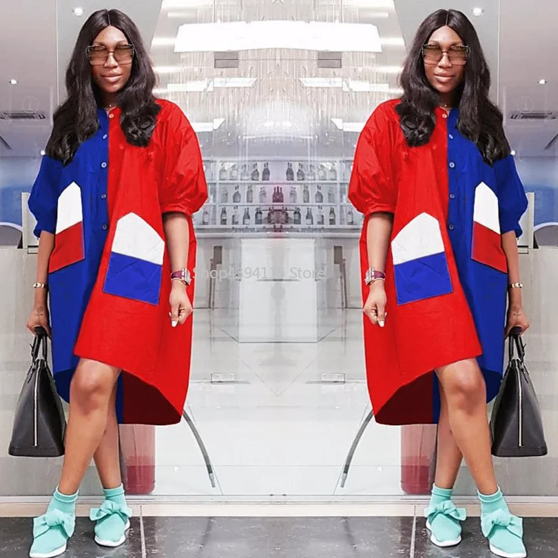 

autumn boho hippie dress blue red patchwork african lady clothes button loose plus size 2XL 3XL africa women robe