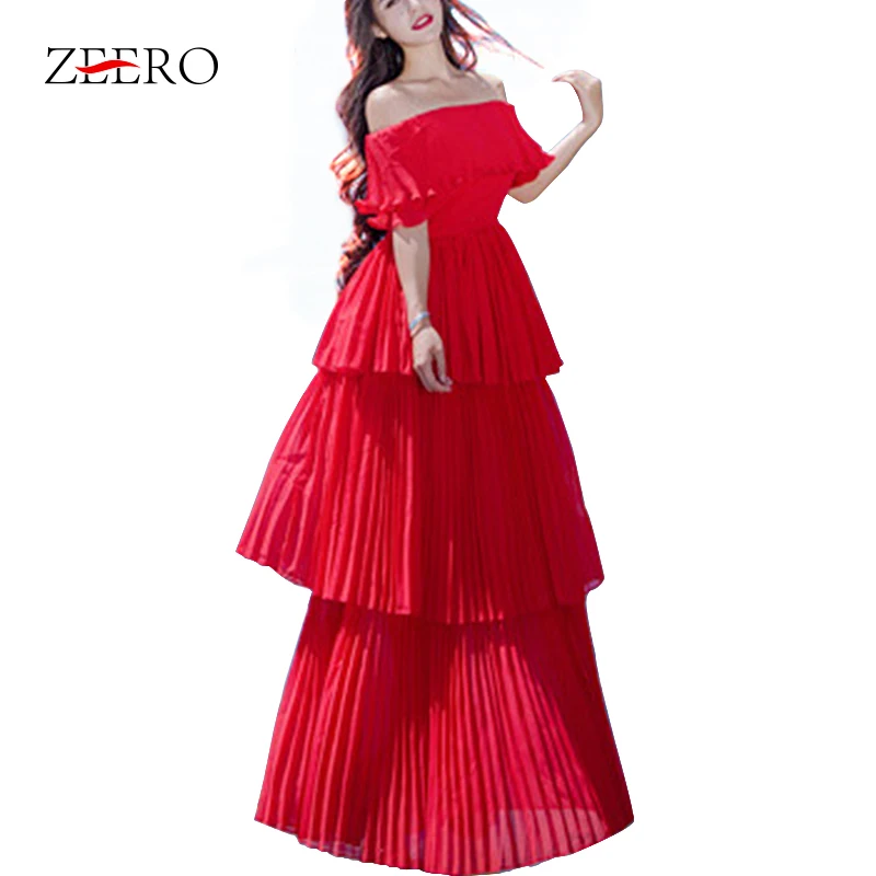 

Self Portrait Bohemain Summer Runway Beach Women Dress Sexy Off The Shoulder Cascading Ruffle Pleated Split Red White Long Dress