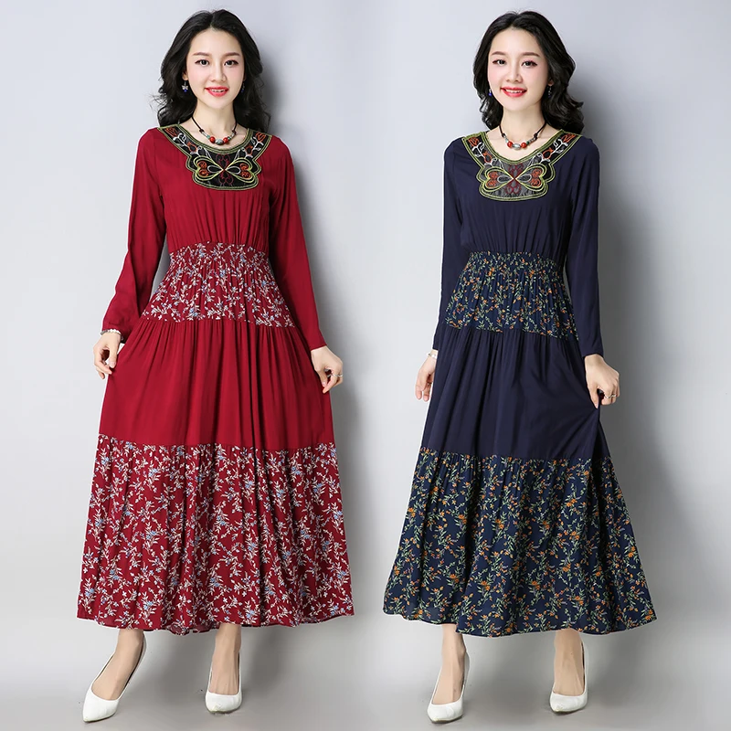 

8651# 2018 Spring New Women Fashion Folk Style Cotton Linen Long-sleeved O-neck Embroidered Maxi Dress Vintage Dress Vestidos