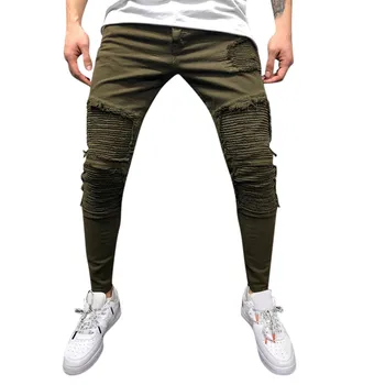 

2019 Casual Jogger Men's Fashion Slim Holes Pleated Pocket Jeans Pants Long Pants Casual Pants pantalon homme High Quality