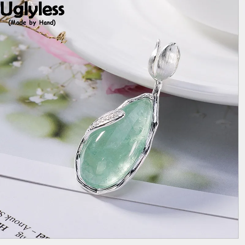 

Uglyless 100% Real Solid 925 Sterling Silver Handmade Tulip Pendants for Women Water Drop Natural Fluorite Necklaces NO Chains