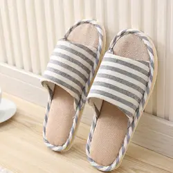 Новый взрослых белье полосатые туфли Для женщин Дом летняя льняная обувь комнатные тапочки сандалии размер 42-45