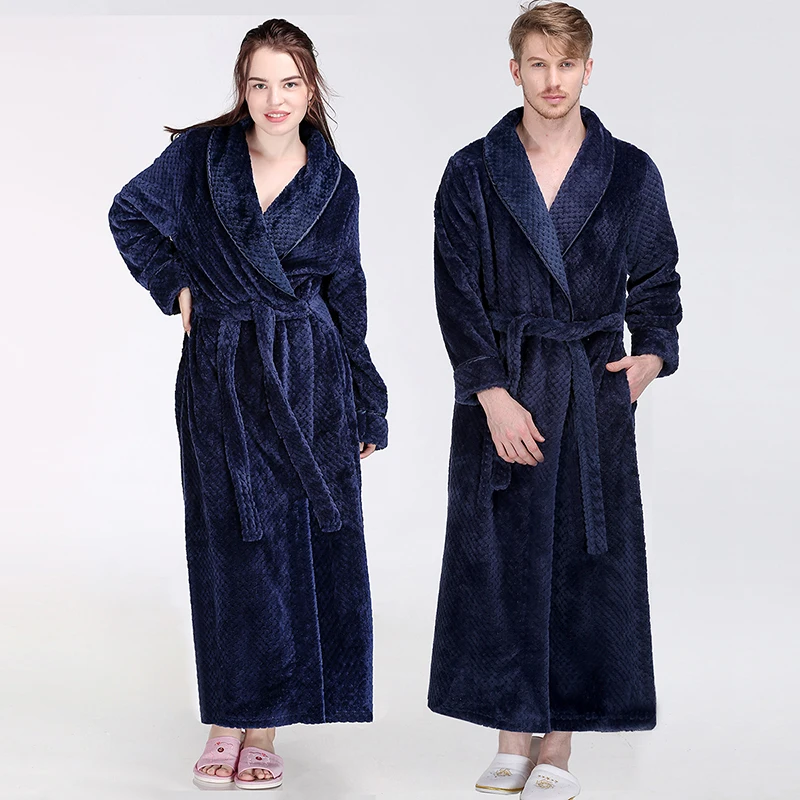 Men Women Winter Extra Long Thicken Grid Flannel Warm Bath Robe Luxury Soft Thermal Bathrobe Mens Dressing Gown Male Sexy Robes