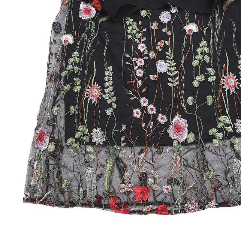 Women Ladies 2019 Summer Fashion Elegant Ladies Sexy Mesh Embroidered Waterweed Black Floral Plus Size Pleated mesh Skirt R24 (8)