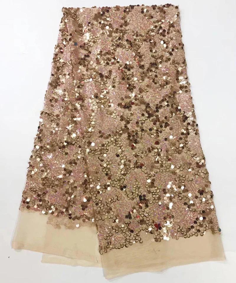 

(5 ярдов/шт.) Высококачественная африканская кружевная ткань с блестками цвета шампанского золотистого французского сетчатого кружева ткань для украшения вечернего платья FJY109