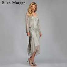 Серебристые шифоновые платья для матери невесты, жениха с пиджаком летние свадебные вечерние платья длиной до середины икры, кружевные крестные платья