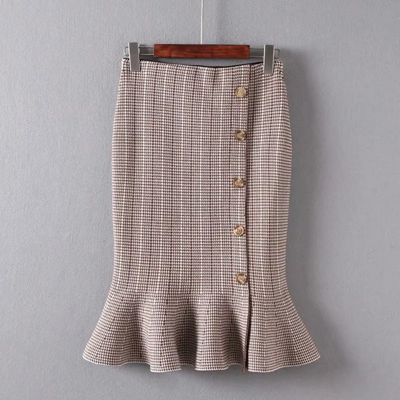

High-waisted elastic waist Trumpet skirt houndstooth Plaid Mermaid Fishtail skirt