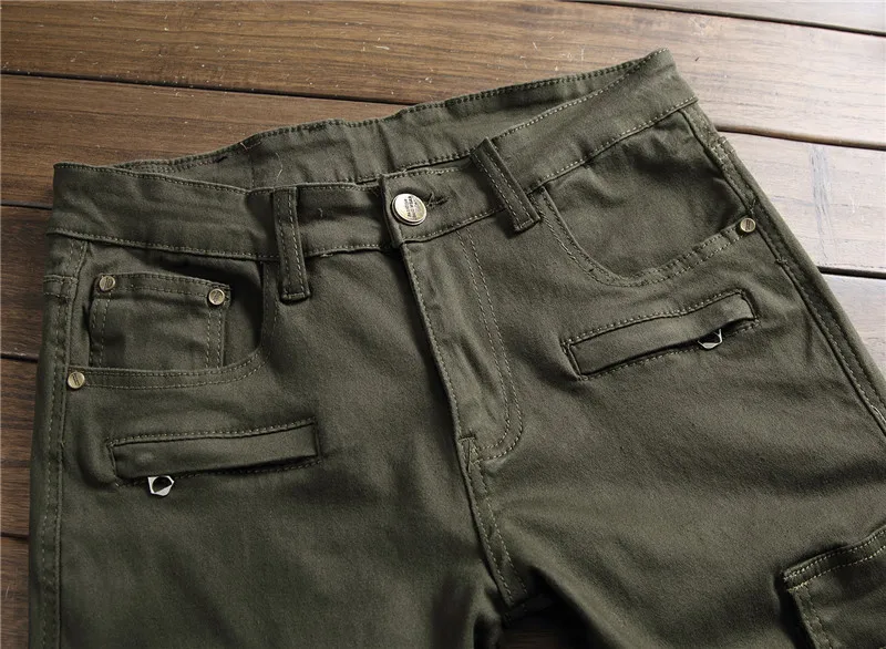 Новый модный бренд для мужчин армейский зеленый Военная Униформа джинсы для женщин Slim Fit мульти карман дизайнер джинсовые мотобрюки