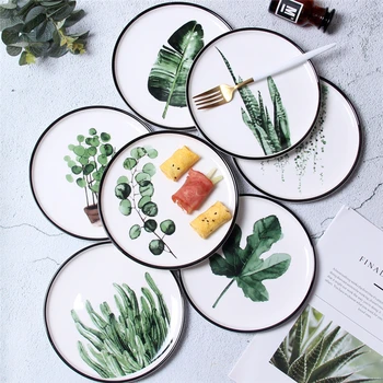 

Creative Green Plant Series Ceramic Plate Dinner Dishes Pasta Steak Dessert Circular Fruit Plates Fine Bone China Kitchenware