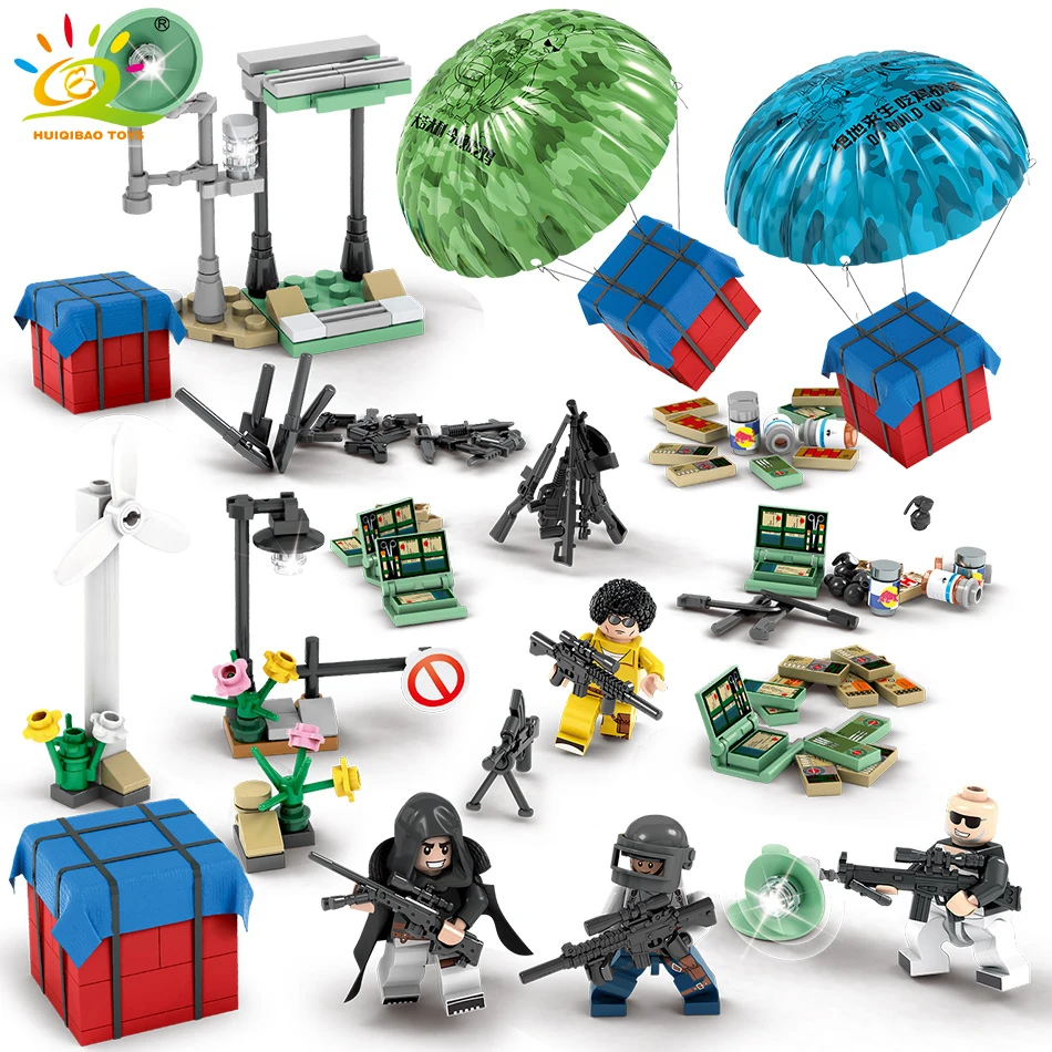 

355Pcs Wilderness Survival Paradrop Weapon Army Figure Building Blocks Compatible Legoed Military PUBG Bricks Toys For Children