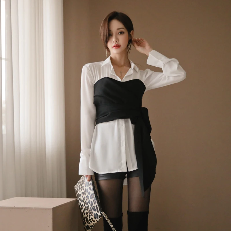 

3 pieces set new fashion comfortable temperament white loose shirt waist thin casual solid color PU black short wild women sets