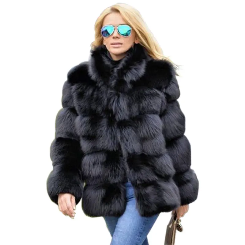 Шуба из искусственного лисьего меха, женская зимняя мода, искусственный Лисий мех, пальто для женщин, зимнее теплое пальто с воротником-стойкой, куртка из лисьего меха для женщин