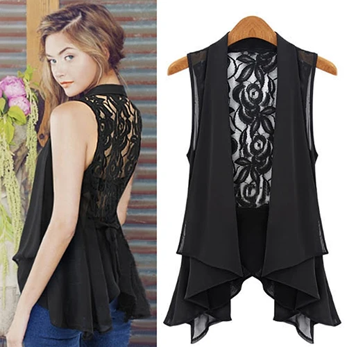 

Women Summer Fashion Medium Vest Lace Back Sleeveless Pleated Hem Blouse Jacket