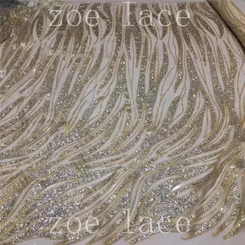 

Zoe lace 5 yards new gold mixed silver glued glitter best quality tulle mesh lace fabric for sawing bridal wedding dress F05