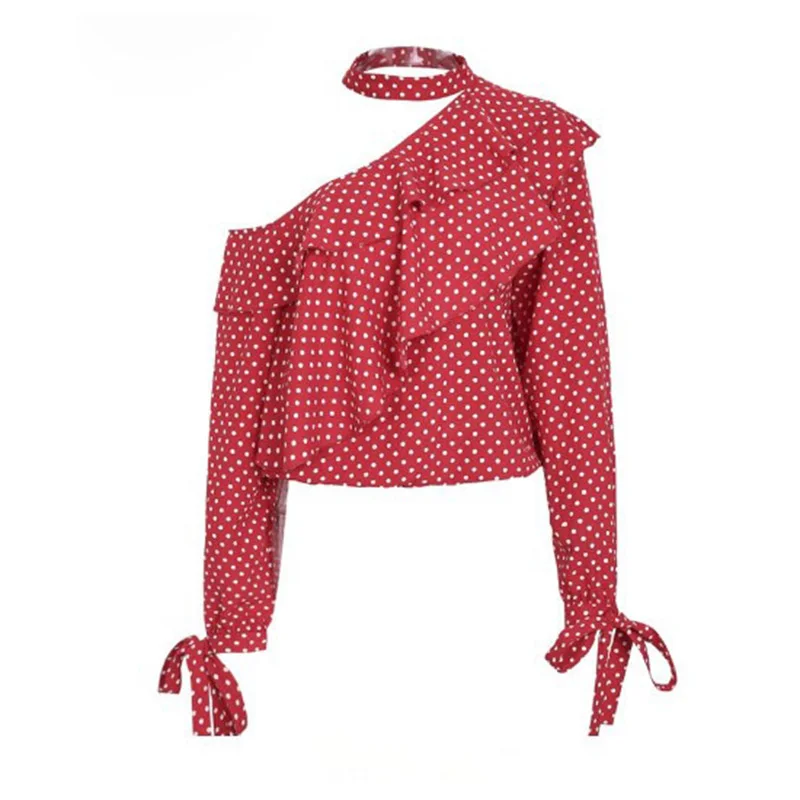 Jocoo Jolee блуза в горошек на одно плечо, рубашка в стиле ретро, шифоновая блузка с рюшами и рукавом-фонариком, сексуальная женская летняя блузка с бантом - Цвет: Red