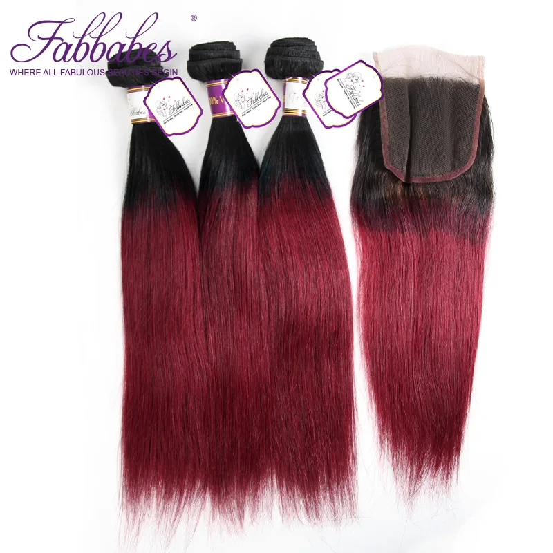 Fabbabes волос Бразильский прямые волосы 3bundles Ombre человеческих волос ткань с 4*4 закрытие кружева 100% Волосы remy 1B /99J