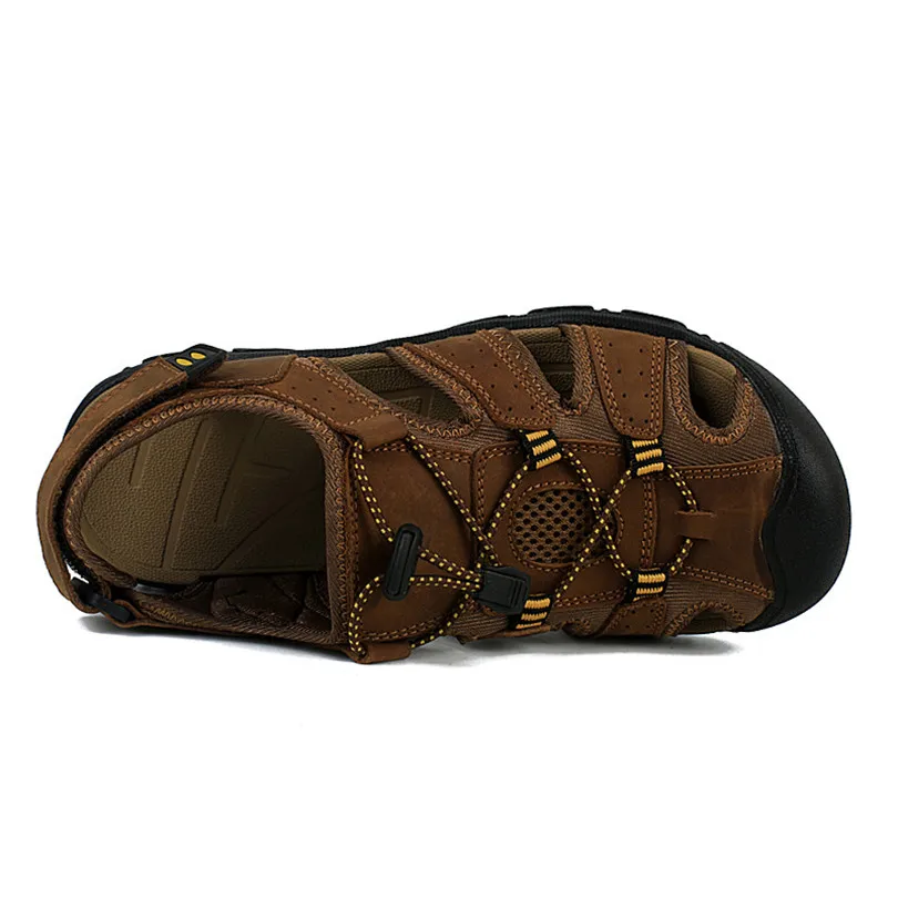 LIN KING Big Size 50 Men Genuine Leather Sandals Leisure Non Slip Soft Beach Shoes Breathable Man Solid Summer Outdoor Sandals