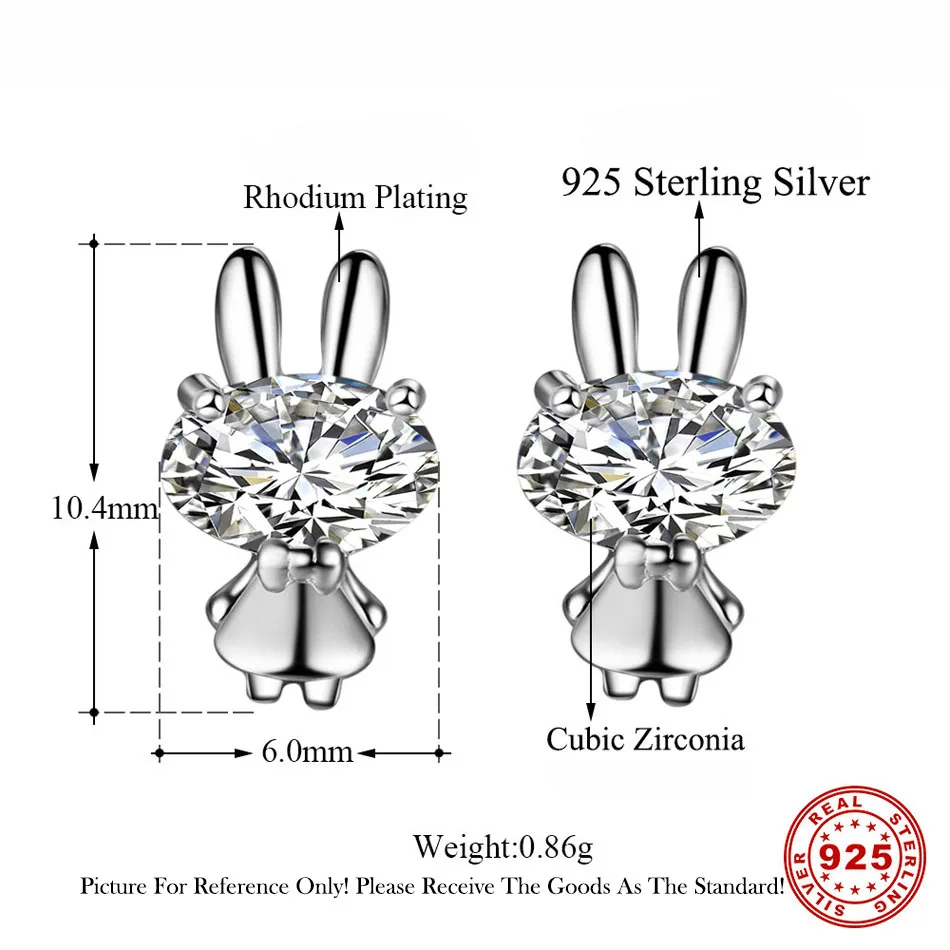 2Earrings Silver 925 New Cute Animal Bunny Rabbit CZ Ear Rings Christmas Gifts For Women Girls Children Bijoux Stud Earrings