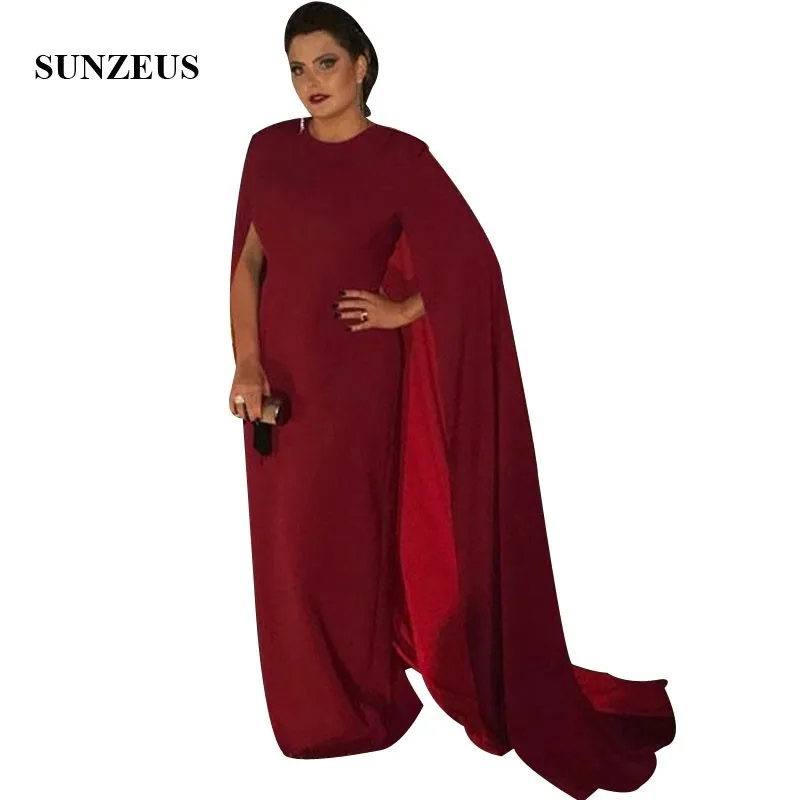 

Wine Red Evening Dresses With Long Cape Back Elegant Women Formal Robe Sheath Lady Party Gowns