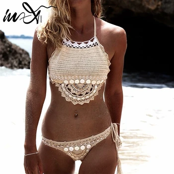 

In-X Handmade crochet bikinis 2019 Sexy tassel swimsuit female bathing suit Shell swimwear women bathers High neck biquini New