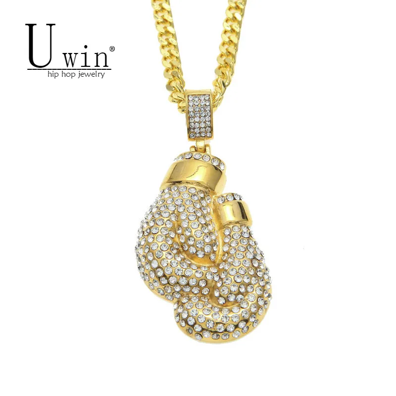 

UWIN Gold Boxing glove Pendant Stainless steel Gold Color Iced Out CZ Rhinestone Pendant Necklace Chain Hip hop Punk Jewelry