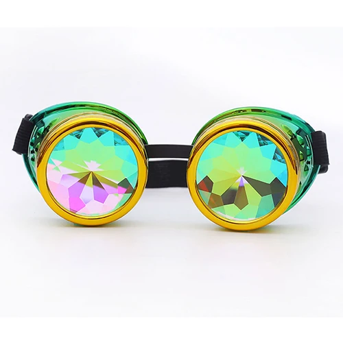 Hotselling Kaleidoscope Rainbow Crystal Lenses Steampunk Goggles EDM Glasses Gothic Cosplay Goggles Eyewear Vintage Halloween - Цвет линз: Yellow Green