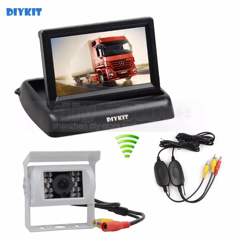 

DIYKIT Wireless 4.3inch Foldable Rear View Monitor Car Monitor Waterproof CCD Reverse IR Night Vision Bus Truck Camera White