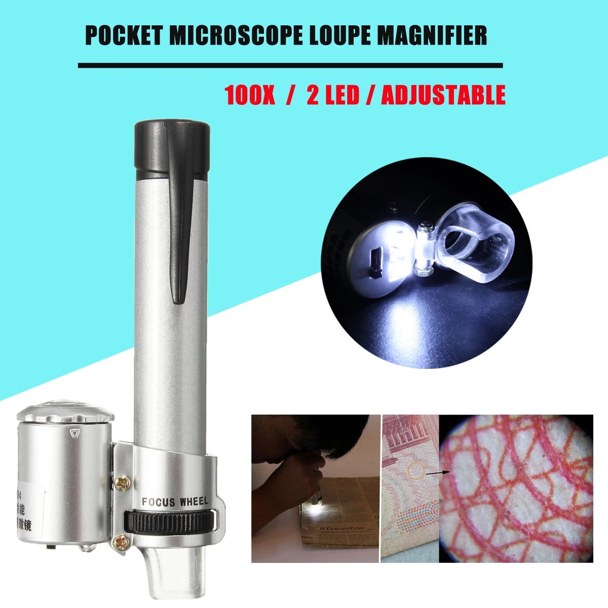 

New Arrival 100X Microscope for Pocket Currency LED Light Jewelry Magnifier Lens Loupe Silver High Quality