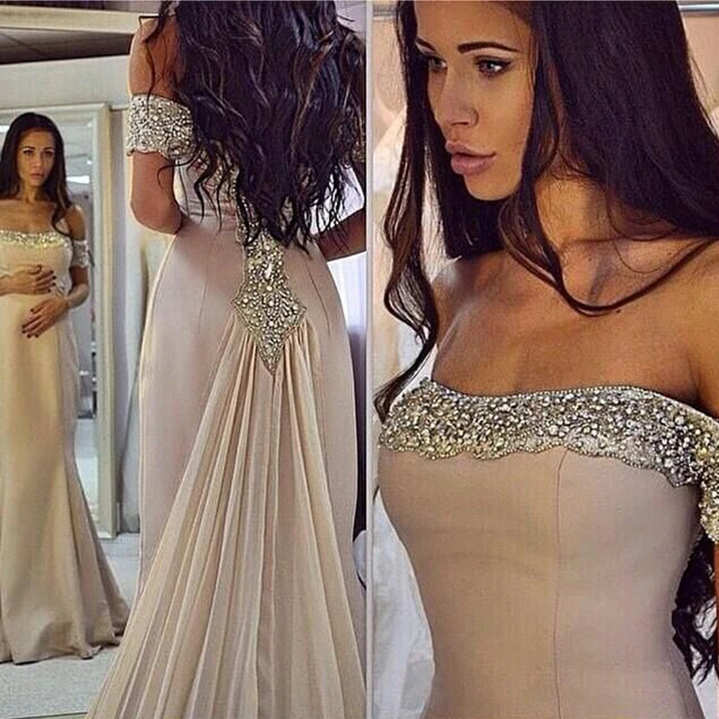 

Real Photos Nude Color Beading Handwork Sweetheart Mermaid Prom Dresses With Stones Party Gowns OL102898
