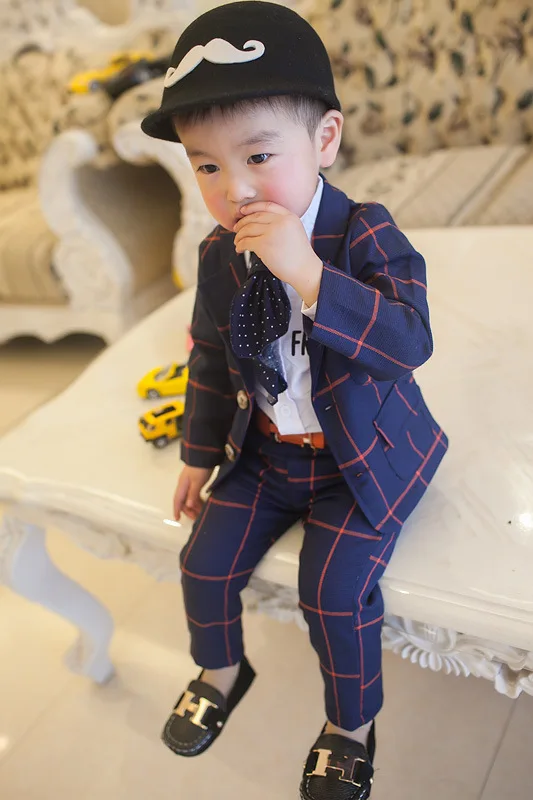 Корейский Весенний костюм для маленьких мальчиков мини-платье детский комплект в клетку с длинными рукавами для мальчиков