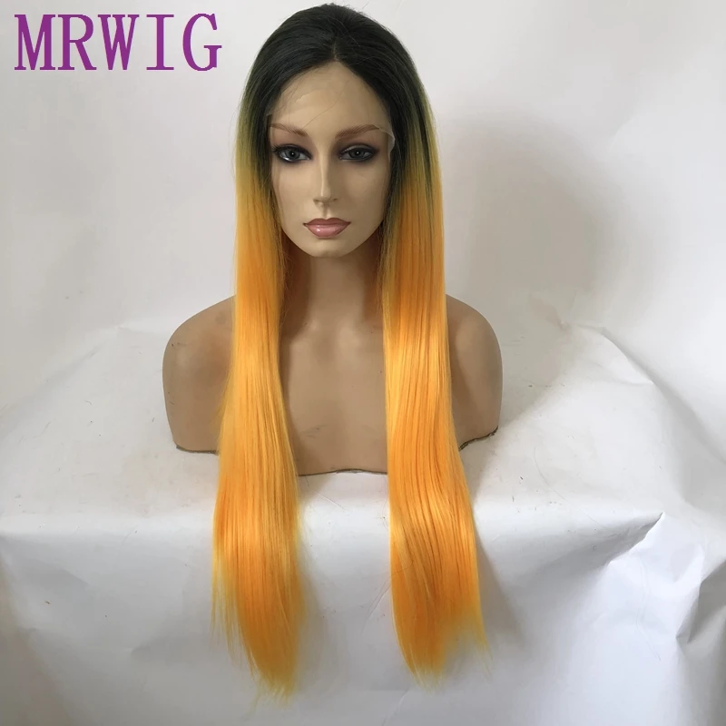 MRWIG короткие темные корни ombre orange прямые glueless Передняя кружева парик Средняя часть 10-18in жаропрочных волокна