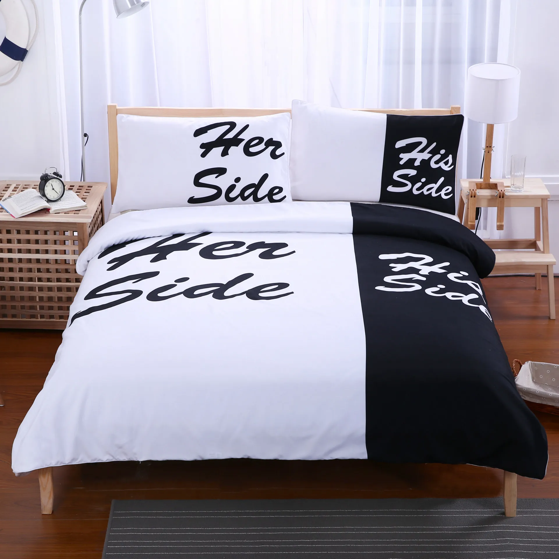 

Classic Black White Bedding Set His&Her Side Home Textiles Soft Duvet Cover and Pillowcases 3 Pieces Size Twin Full Queen King