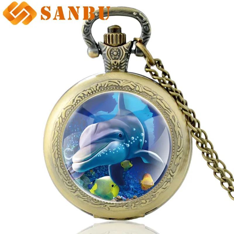 

Fashion Retro Dolphin Quartz Pocket Watch Vintage Men Women Charm The Underwater World Retro Pendant Necklace