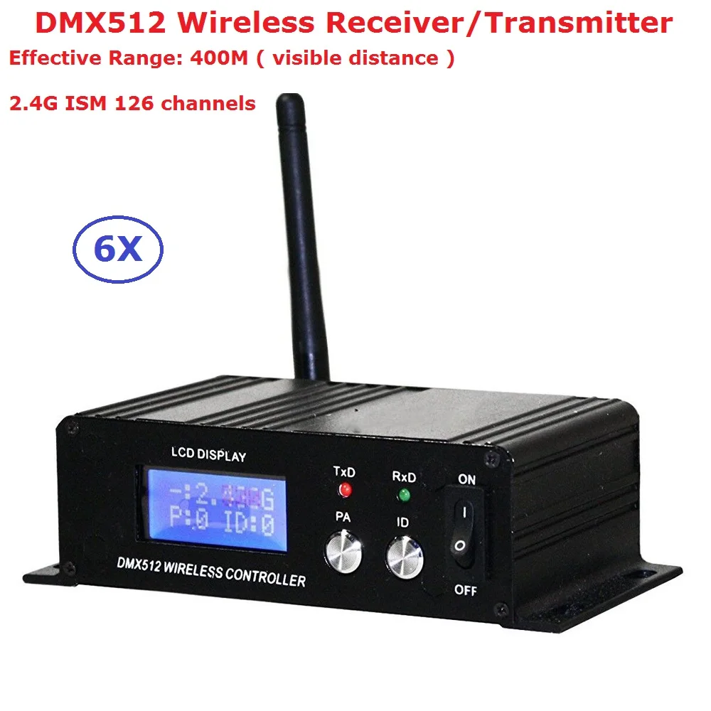 

6Pcs Wireless DMX 512 Controller Transmitter & Receiver 2IN1 LCD Display Power Adjustable Repeater LED Stage Lighting Controller