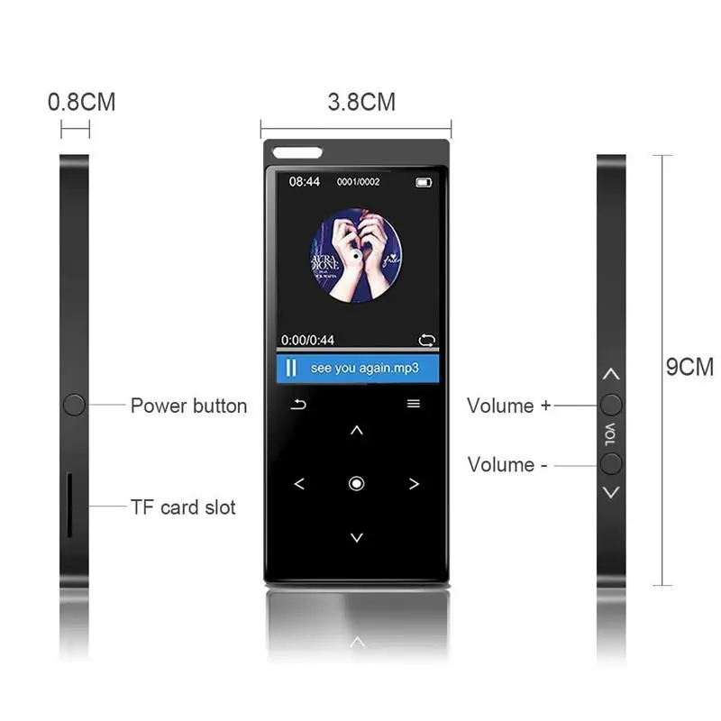 MP3 Player New Arrival Metal Touch Button HIFI Bluetooth Music Player Built-in Speaker 8GB/16GB/32GB/40GB Lossless Sound with FM