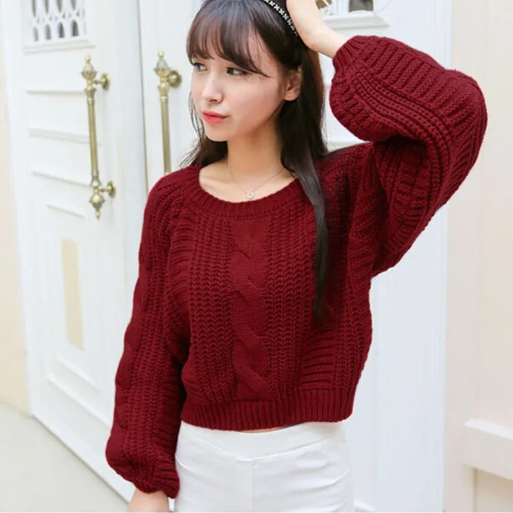 

Autumn-Winter Korean version of the new round-collar pullover, 100-set lantern sleeves, short twist sweater women