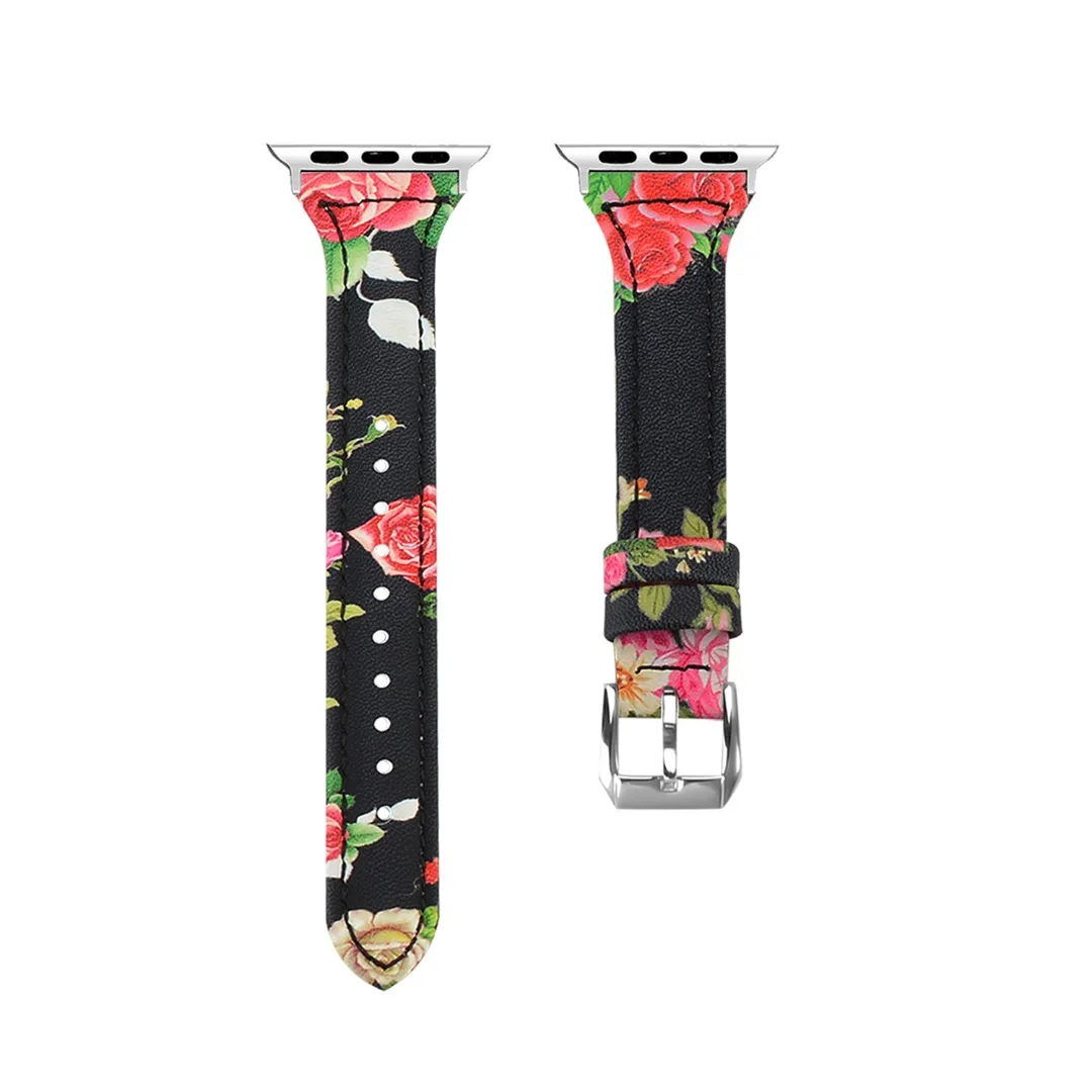 Shellhard Floral Printed Genuine Leather Watch Band Strap For Apple Watch Belt Flower Design link Bracelet For iwatch band