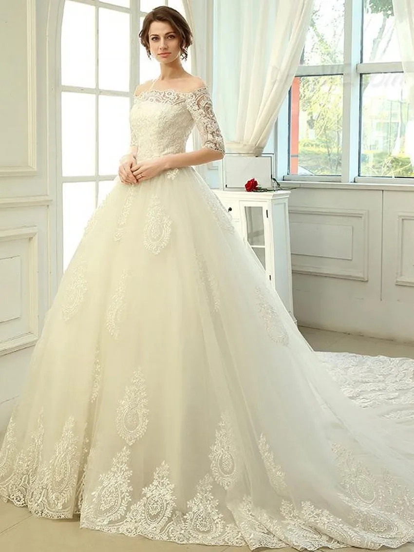 Romantic Women Half Sleeve Wedding Dresses Cathedral Long Tail Lace