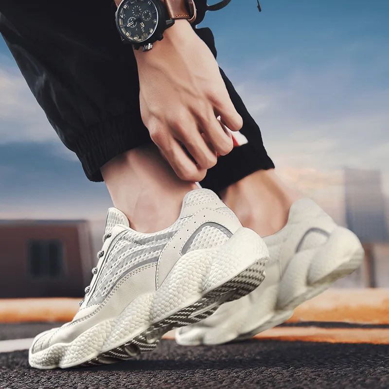 

2019 New Men Casual Shoes Beige Thick Sole Dad Shoes For Male Breathable Mesh+Pu