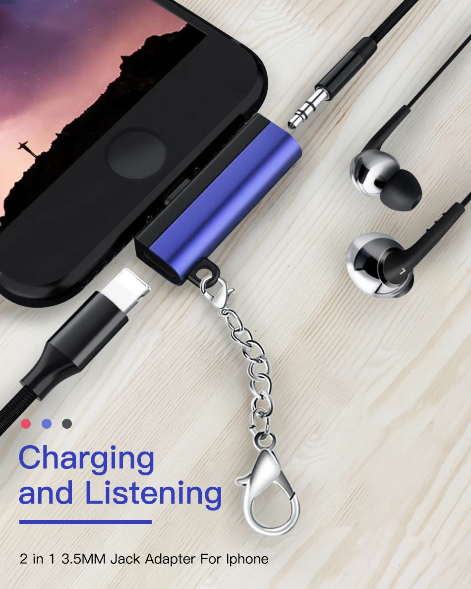 !ACCEZZ Dual Lighting For Apple Earphone For iphone 7 8 Plus X XS MAX XR Audio Connector Converter 2 in 1 Headphones Key Chain (1)