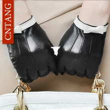 Черные короткие перчатки для женщин, модные белые перчатки с бантом из искусственной кожи, женские зимние теплые бархатные кожаные перчатки с сенсорным экраном