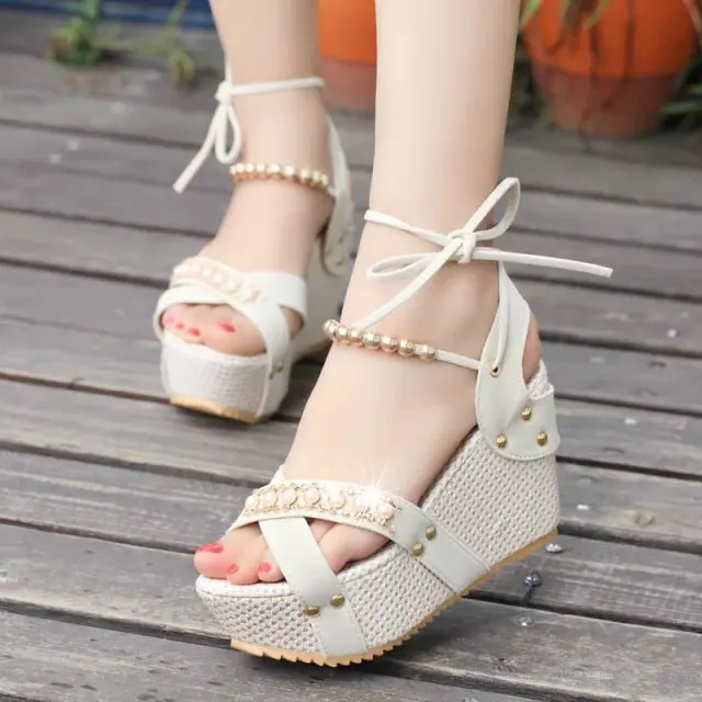 

Size 35--39 Fashion Summer Leather Gladiator Women Sandals Super High Heel String Bead Shoes Wedges Lace-up Black Sweet Open-toe