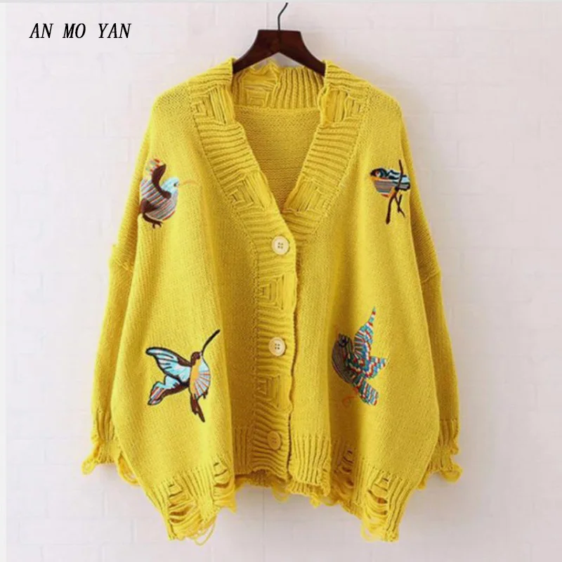 

AN MO YAN New Women's Knitted Cotton Yellow Sweater Bird Embroidery Harajuku Clothing Female Sweet Style Fashion Hole Loose Tops